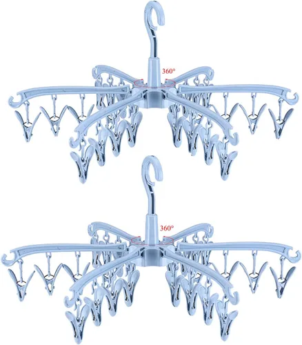 Vista 11 de Estante de Secado Plegable con 24 Clips para Secar Calcetines, Lencería, Ropa de Bebé, Toallas, Estante Giratoria para Secar Calcetines Azul