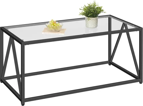 Vista 9 de Mesa de café de vidrio HOOBRO, mesas de café negras para sala de estar, mesa de café de vidrio negro, mesa central de 1 capa, moderna