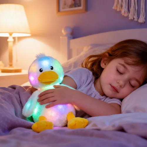 Vista 2 de Hopearl Pato de peluche LED que se ilumina, patito relleno de animal de granja flexible, luces nocturnas que brillan en la oscuridad, regalos