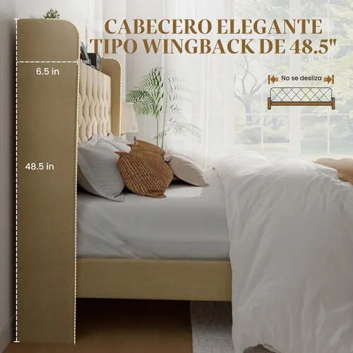 Vista 5 de SHA CERLIN Base de cama de plataforma de tamaño matrimonial con estación de carga, cabecera de lino con estante de almacenamiento, soporte