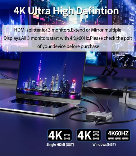 Vista 2 de Adaptador USB C a 3 × HDMI Divisor HDMI 4K60Hz Pantalla extendida Hub MST de 1 en 3 salidas con PD de 100 W para múltiples monitores convertidor