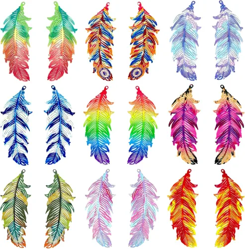 Vista 8 de Dijes de plumas de filigrana multicolor colgante de pluma pintado de color hueco para pendientes de bricolaje collares accesorios para fabricación