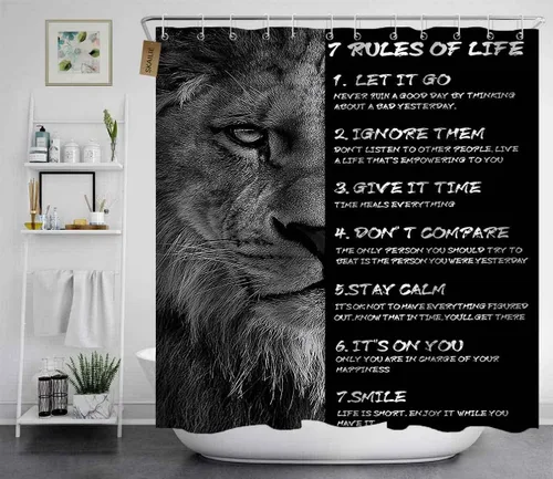 Vista 3 de Juego de 4 cortinas de ducha de rey león negro, citas inspiradoras, palabras motivacionales positivas y educativas, decoración de baño de animales