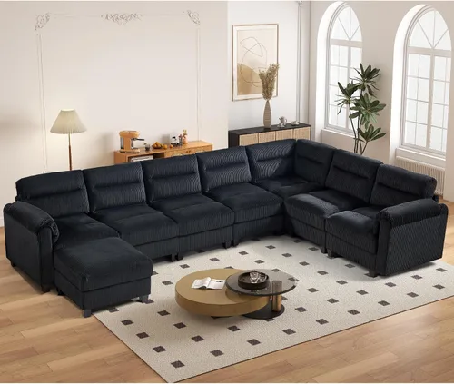 Vista 61 de HAOMARKETS Sofá esquinero modular en forma de L de 115 pulgadas con 2 otomanas móviles, sofás de pana de 8 plazas con cojín grueso para sala de Beige