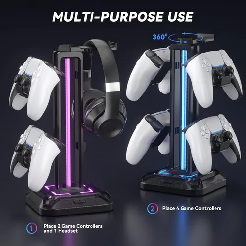 Vista 6 de KDD RGB Headset Stand with 9 Light Modes - Controller Holder for Desk - Rotatable Headphone Stand & Detachable Controller Hook for PC Earphone