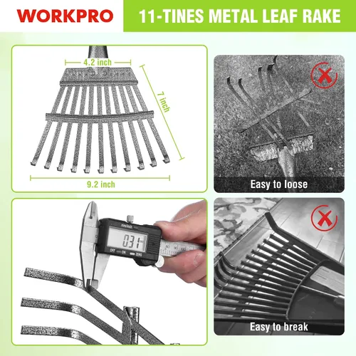 Vista 4 de WORKPRO Rastrillo, rastrillo pequeño para hojas con mango largo ajustable de 72 pulgadas, 11 púas de acero, rastrillos de hojas de metal resistentes