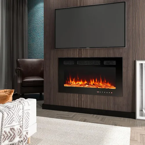 Vista 2 de Chimenea eléctrica montada en la pared y empotrada de 30 pulgadas con control remoto temporizador de 8 horas, 12 llamas, pantalla táctil, calentador