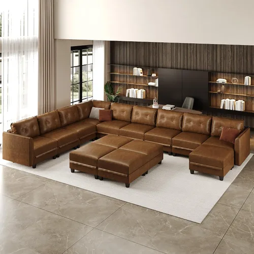Vista 12 de LLappuil Sofá modular de piel sintética de 9 plazas con almacenamiento, sofá cama convertible en forma de U con diván, impermeable y agradable al