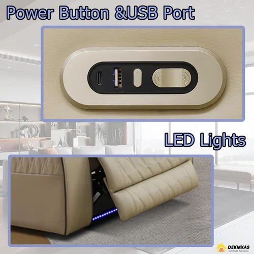 Vista 4 de Juego de sofá reclinable eléctrico, seccional de cuero transpirable beige, juego de muebles de sala de estar, 2 piezas, sofá reclinable eléctrico