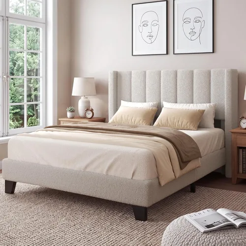 Vista 11 de Base de cama tamaño matrimonial con cabecero, marco de cama plataforma tapizado con cabecero de terciopelo tipo osito de peluche, soporte