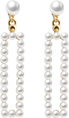 Vista 11 de Pendientes de Clip de Perla para Mujer, Pendientes de Clip Colgante para Mujer, Pendientes de Perla Blanca Imitación Chapados en Oro, Pendientes