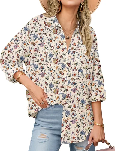 Vista 12 de Zeagoo - Blusas de lino con botones para mujer, de gasa, algodón, manga larga, blusas informales con cuello, corte holgado