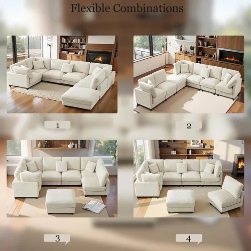 Vista 8 de Sofá modular de 117 pulgadas, sofá modular de felpilla en forma de U con otomana móvil, moderno sofá modular de 7 asientos para sala de estar, Beige
