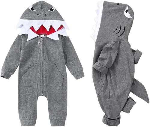 Vista 2 de Mameluco con capucha para recién nacidos, niños y niñas, diseño de tiburón, dinosaurio