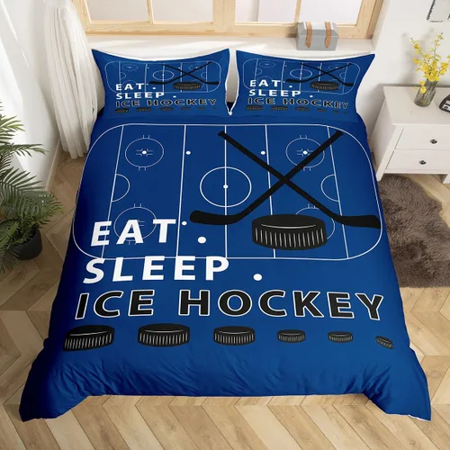 Vista 12 de Erosebridal Hockey Twin Duvet Cover for Boys,Blue and Black Sports Bedding Sets for Kids Teen,Ball Games Gamer Bed Set,Ice Hockey Field Quilt Cover