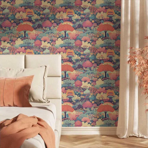 Vista 2 de MuralPeel Flores de Árbol Rosas Coloridas Fantásticas Arcoíris Maravilla de Fantasía Paisaje de Cuento de Hadas Papel Pintado de Despegar y Pegar
