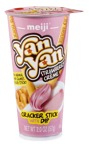 Vista 3 de Meiji Yan Yan - Palitos de inmersión, crema de fresa, 2 onzas, paquete de 10 unidades, palitos de galletas con frases divertidas de animales