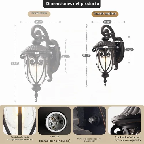 Vista 8 de Lámpara de pared para exteriores con sensor de anochecer a amanecer, accesorio de linterna de pared exterior de 18 pulgadas para casa, iluminación