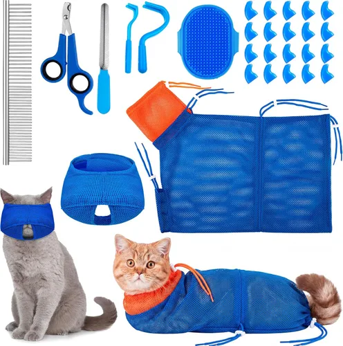 Vista 10 de Juego de 9 Piezas de Bolsa de Baño para Gatos, Bolsa de Ducha para Gatos Anti Mordeduras y Arañazos para Aseo de Mascotas, Cepillo de Lavado, Peine
