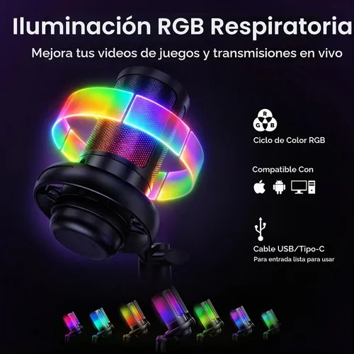 Vista 4 de Kit de transmisión de cámara web para configuración de juegos: cámara HD 1080P, micrófono USB RGB y luz LED, accesorios de transmisión todo en uno