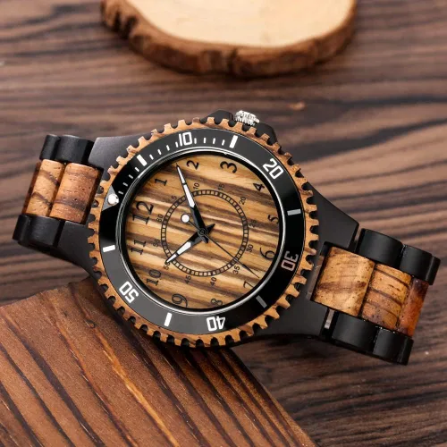 Vista 6 de Reloj de cuarzo de madera con cebra de ébano marrón y negro para hombre, cierre plegable, correa de madera, números arábigos, visualización
