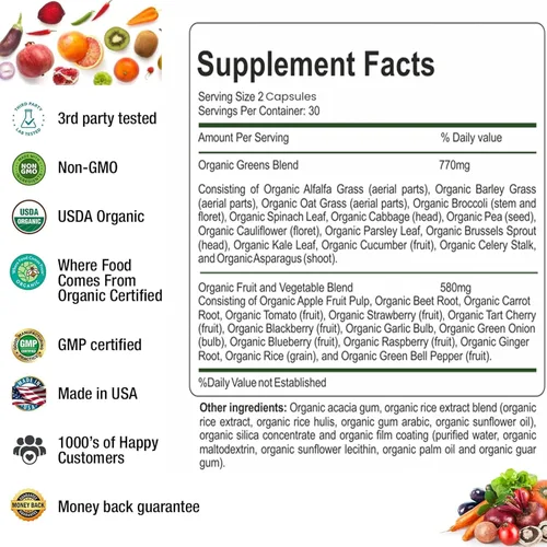 Vista 4 de Organic Superfood Greens - Complejo de frutas y verduras - Suplemento dietético con 14 verduras y 14 frutas y verduras con alfalfa rica