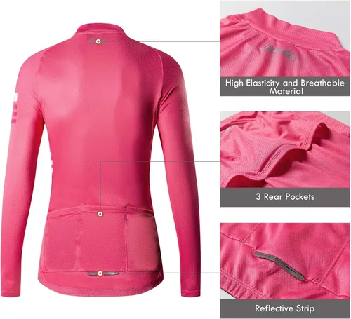 Vista 7 de Santic Camiseta de ciclismo de manga larga para mujer, chaqueta de bicicleta con bolsillos