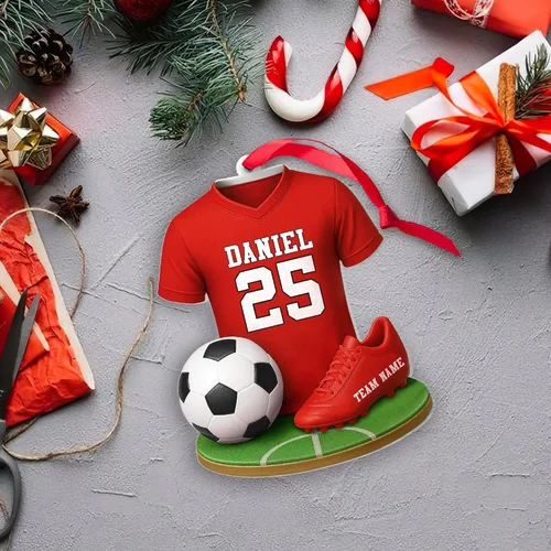 Vista 3 de Adorno de fútbol personalizado, adorno 2D de Navidad de fútbol, decoración del árbol de Navidad para jugadores y fanáticos del fútbol, adornos Ds1
