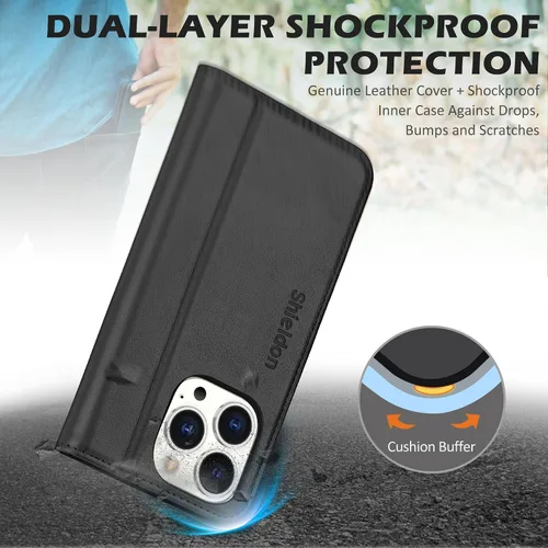 Vista 5 de SHIELDON - Funda tipo cartera de piel auténtica para iPhone 14 Pro de 6.1 pulgadas 2022, color negro Magnetic Closure, RFID Blocking, Credit Card