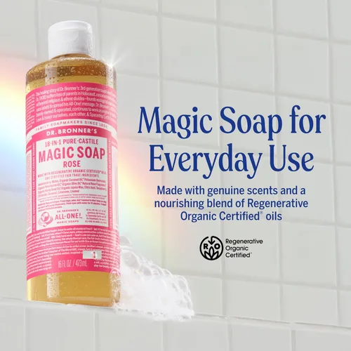 Vista 2 de Dr. Bronner's - Jabón líquido puro de Castilla (rosa, 16 onzas) - Hecho con aceites orgánicos, usos 18 en 1: cara, cuerpo, cabello, lavandería