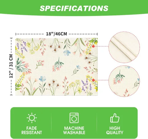 Vista 7 de Artoid Mode Juego de 4 manteles individuales florales de verano de 12 x 18 pulgadas, manteles individuales de primavera de temporada para fiestas