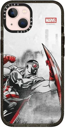Vista 130 de CASETiFY Impact - Funda para iPhone 13 Mini [Marvel Colab / protección contra caídas de 8.2 pies/Magsafe] - Capitán América VS - Negro transparente