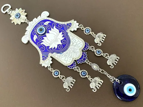 Vista 2 de Amuleto de mano Hamsa azul turco para colgar en la pared, diseño retro, CL06
