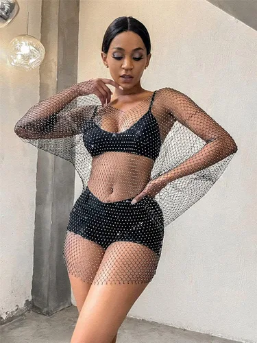 Vista 2 de Ingemark Bikini de malla transparente de moda para mujer con cuello en V y manga larga con malla