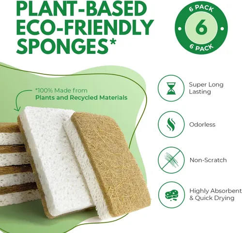 Vista 2 de AIRNEX Esponjas de Cocina Naturales Biodegradables Paquete de 6 - Esponja Raspadora de Celulosa y Fibra de Coco - Esponjas Ecológicas para Platos