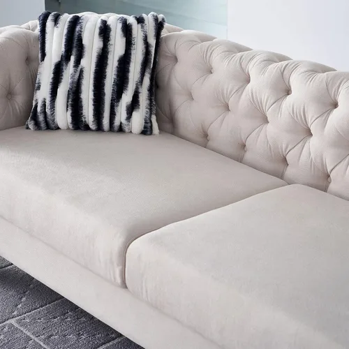 Vista 6 de Sofá moderno para sala de estar, sofá tapizado de lino de 84 pulgadas con botones copetudos, 2 almohadas y patas de metal, muebles decorativos