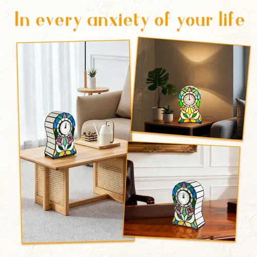 Vista 7 de Lámpara estilo Tiffany con estampado de rosas Pequeña lámpara de vitral, lámpara de reloj creativo, decoración para sala de estar, salón, comedor