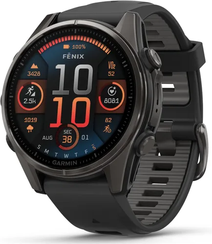 Vista 4 de Garmin Fenix 0.315 – 1.693 in Zafiro, AMOLED Multisport GPS Smartwatch, gris carbón DLC titanio con silicona negro/gris guijarro, linterna LED fenix