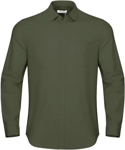 Vista 2 de JEKAOYI - Camisas de lino con botones para hombre, de manga larga, ajuste regular, de algodón, camisas de playa con bolsillo