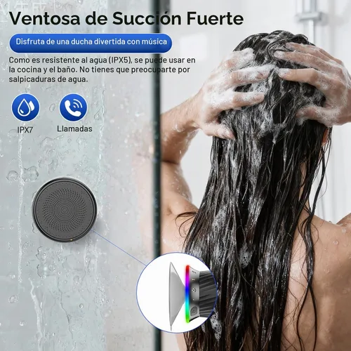 Vista 5 de Altavoz de ducha giratorio Bluetooth con luces RGB, altavoz portátil impermeable IPX5 con ventosa, mini altavoz Bluetooth 5.3 de graves profundos