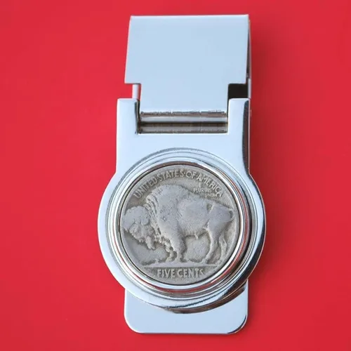 Vista 6 de US 1913 1938 Indian Head Buffalo Nickel 5 Cent Coin Bisagra Clip de dinero NUEVO