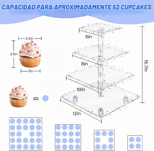 Vista 3 de Soporte para Cupcakes, Soporte para Cupcakes de 4 Niveles, Soporte Iluminado para Cupcakes para 50 Cupcakes, Torre Cuadrada para Cupcakes, Juego