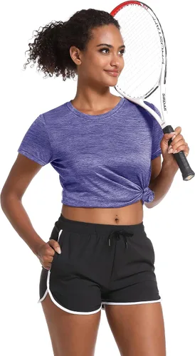 Vista 4 de MAGCOMSEN Camisetas de entrenamiento para mujer, cuello redondo, manga corta, ligeras, suaves, para deportes, fitness, ejercicio, yoga