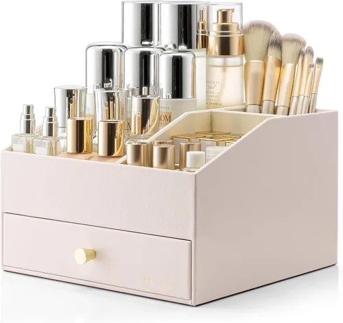 Vista 11 de Organizador de maquillaje Vlando, organizador para el cuidado de la piel para tocador, organizador de maquillaje de PU con cajones, estuche