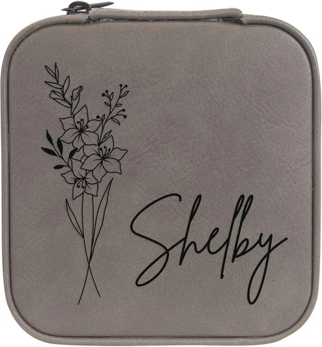 Vista 42 de Joyero de flores de nacimiento personalizado Estuche de viaje (cuero crudo, abril - guisante dulce)