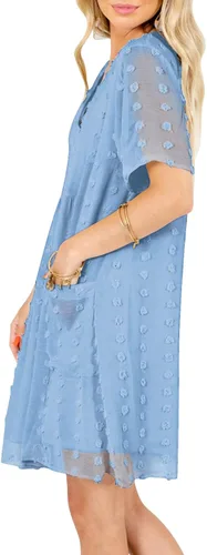 Vista 4 de MIHOLL - Minivestido de verano, holgado, mangas cortas con volados y cuello en V para mujer