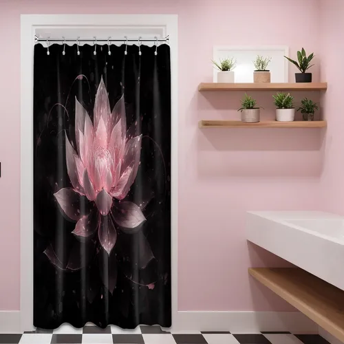 Vista 55 de Cortina de ducha con flores de loto negro y azul para decoración de baño, juego de cortinas decorativas de baño con estampado floral, tela