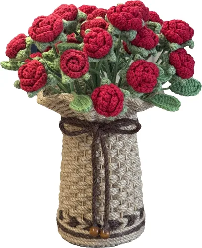 Vista 10 de THREEBOY Ramo de flores artificiales de ganchillo de rosas rojas con florero de punto para el Día de la Madre, San Valentín, decoración