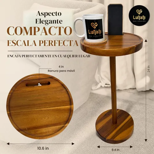 Vista 2 de Mesa de bebidas para espacios pequeños, mesa auxiliar de pedestal de 24 pulgadas de alto con base estable, soporte para teléfono y 2 posavasos, mesa