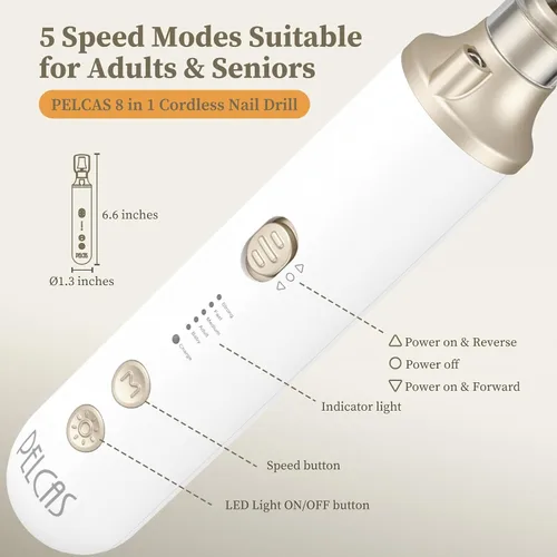 Vista 8 de PELCAS Taladro de uñas inalámbrico 8 en 1, lima de uñas eléctrico de 5 velocidades, kit de manicura y pedicura con luz LED, removedor eléctrico
